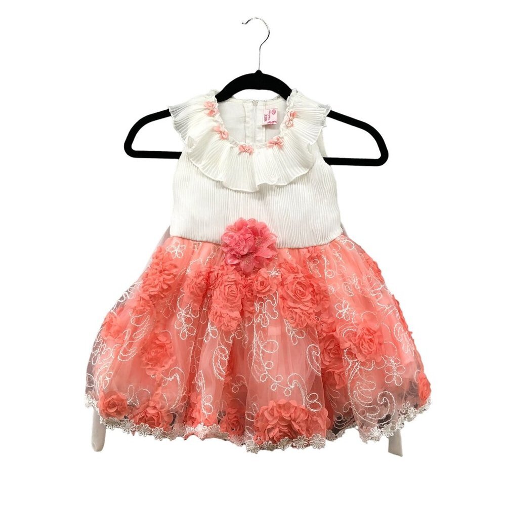 Girls 4T Party Dress Ruffle‎ Chiffon Tulle Pink White Summer Floral Wedding
